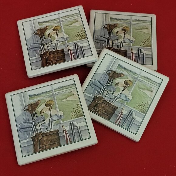 VTG Golfing Bisque Tile Golf Bag Clubs Coaster Set of 4 - Picture 1 of 10